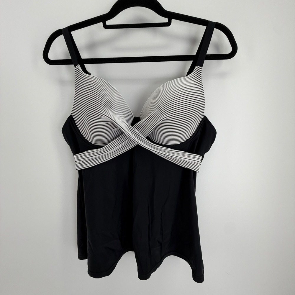 Twist Front Tankini Swim Top Black White Stripe Women's Size L Adjustable Straps